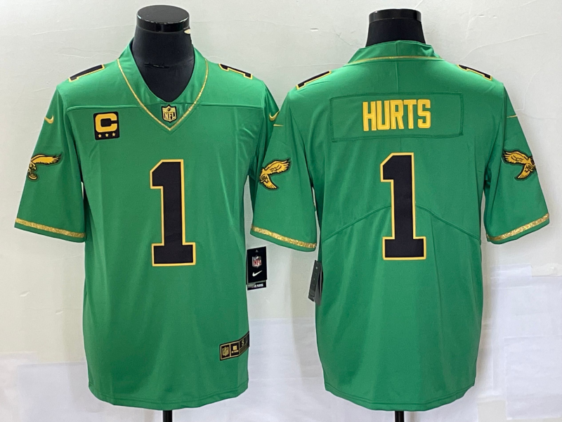 Men's Philadelphia Eagles #1 Jalen Hurts Green Gold Vapor Limited With 3-star C Patch Stitched Football Jersey